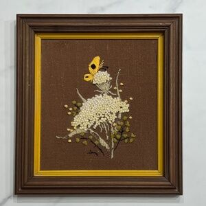 Vintage Butterfly Floral Crewel Artwork Wood Frame Mid Century Modern Home Decor